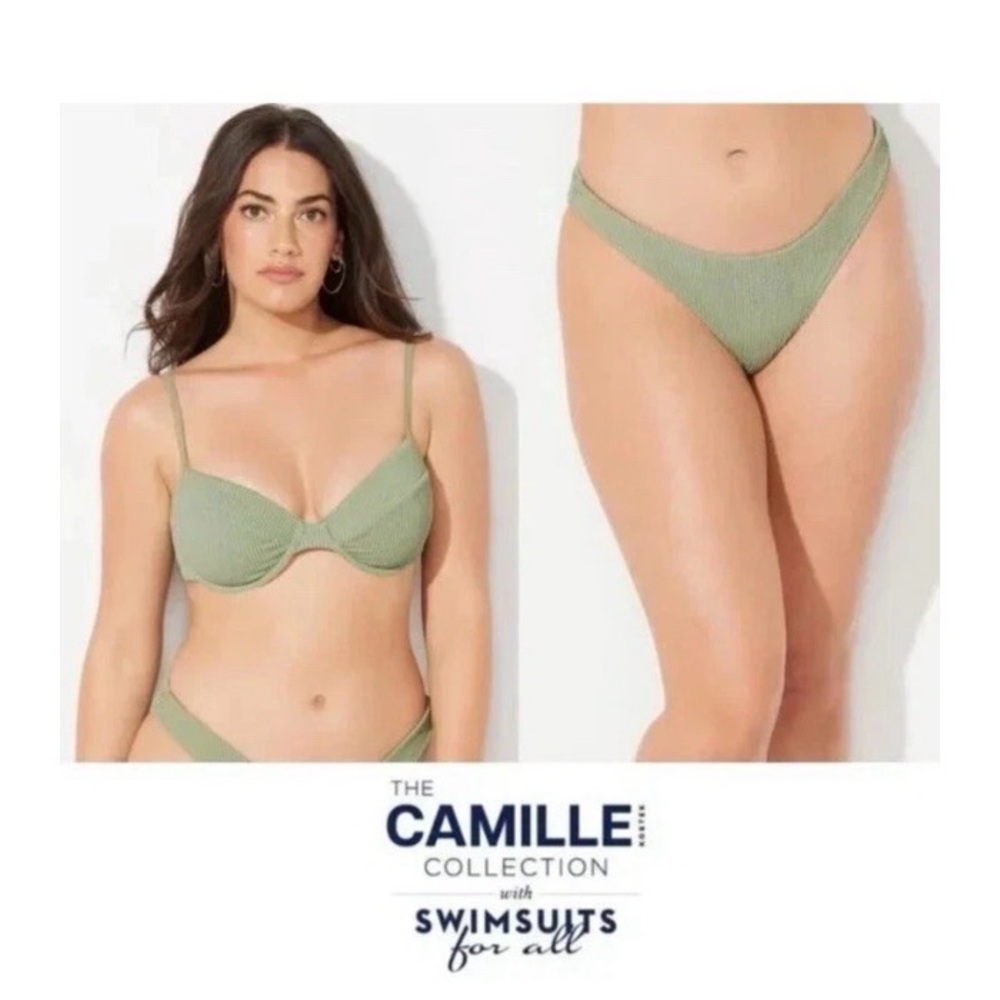 Camille Kostek x Swimsuits for All Green Ribbed Bikini Set Top Bottom Sz S NWT